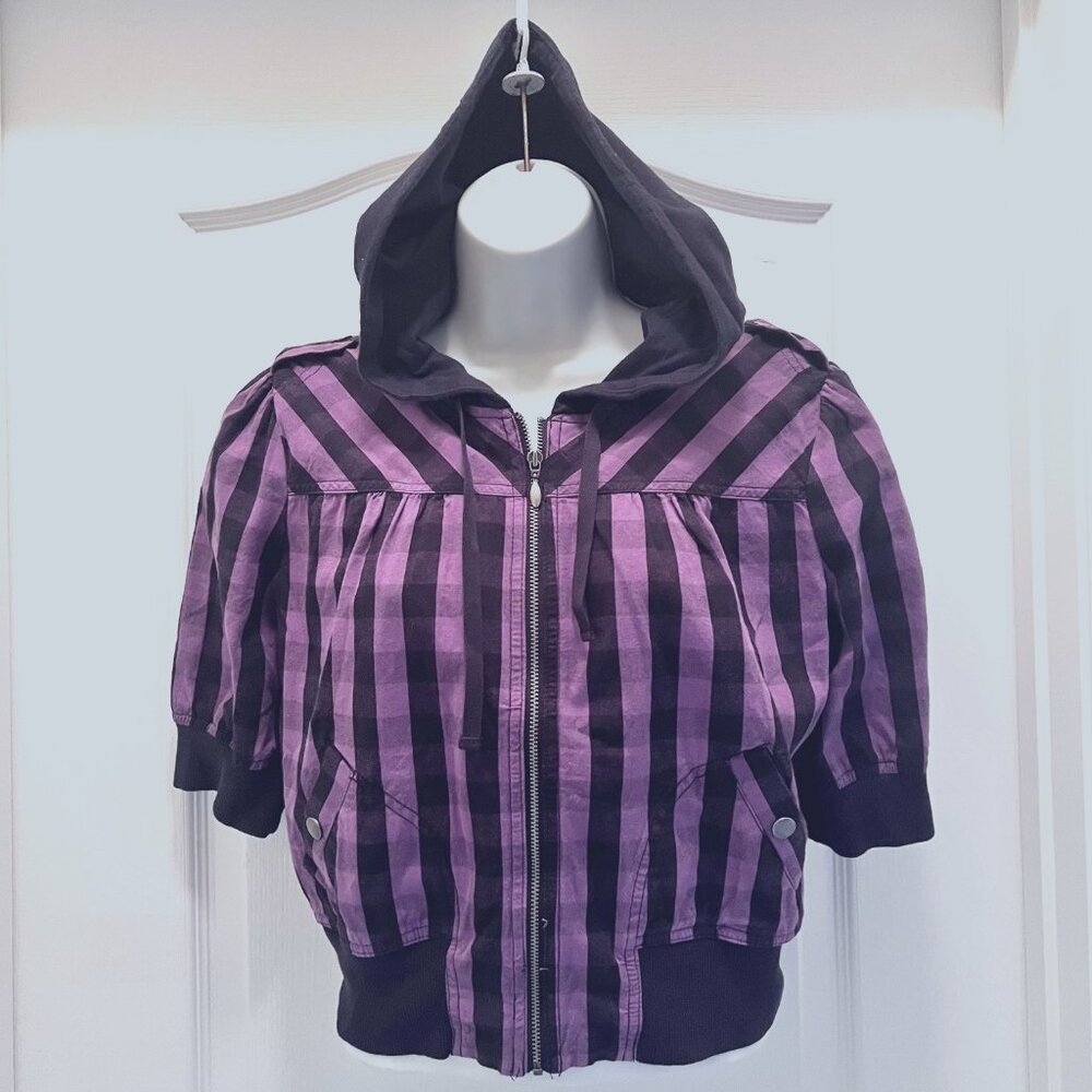 Mudd Cropped Hooded Zip Up Jacket NWT-Short Sleeve-Checkered Purple/Black-Lg/Jrs